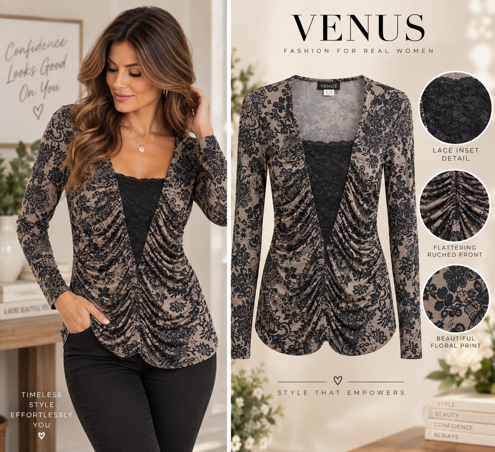 VENUS Floral Lace Ruched Long Sleeve Top Medium 8/10